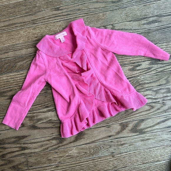 Lilly Pulitzer Girls Curious Pink Maple Sweater Ruffle Cardigan Size XS 2-3 EUC - Picture 1 of 3